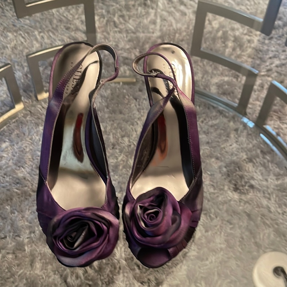 Black and purple high heel sandals. Guess by Marciano heels